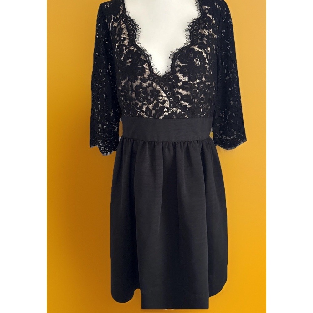 ELIZA J BLACK & Nude LACE Cocktail Dress SHEER SLEEVES 16 Evening  NEW NWT